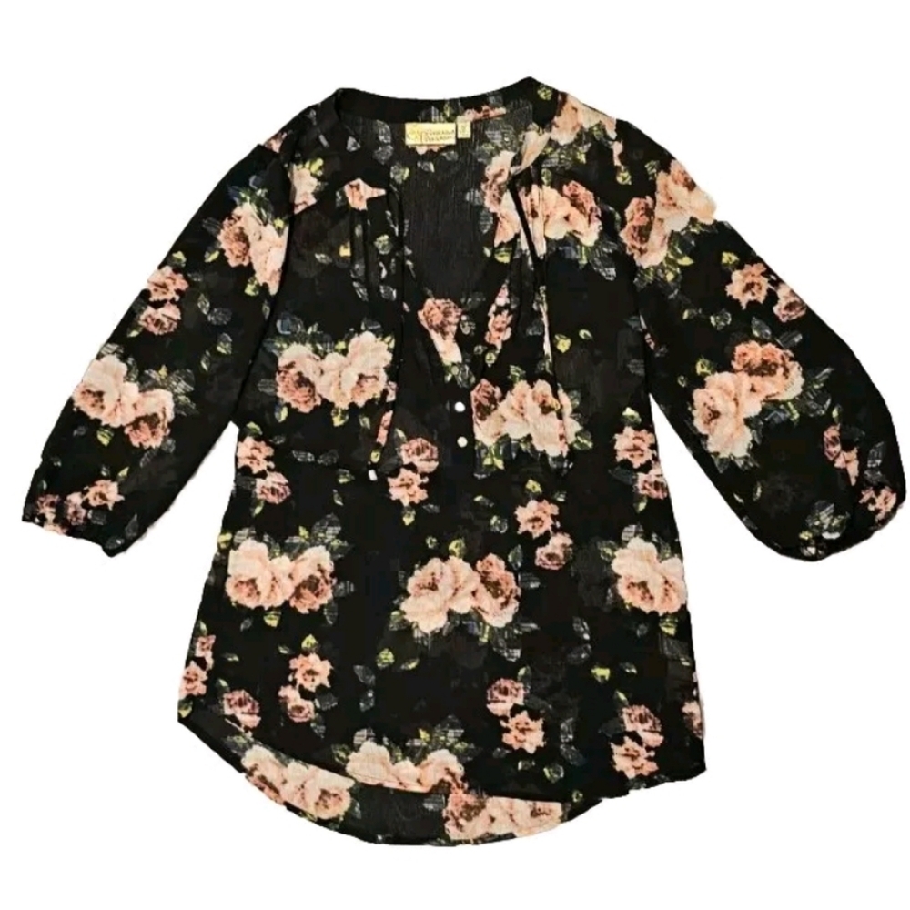 Princess Vera Wang Floral Tie Neck Top Gold Button Detail Size M